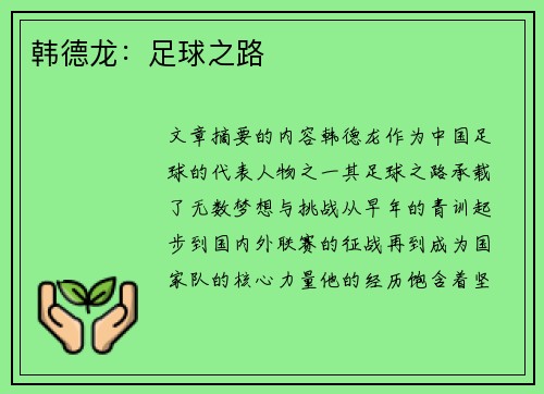 韩德龙：足球之路